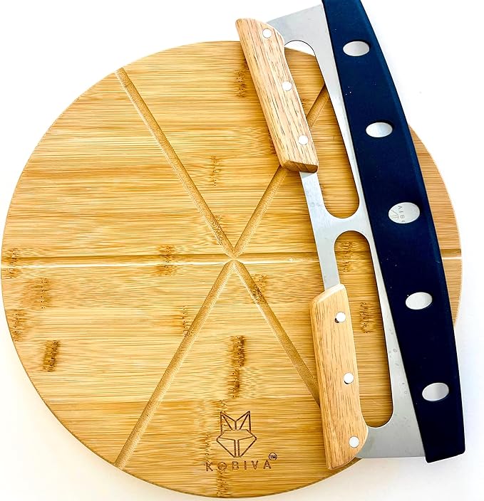 14" Dual-Grip Pizza Cutter Rocker Board Set | Bamboo Pizza Cutting Board with Pizza Rocker Knife Slicer | Pizza Serving Board | Pizza Cutter Rocker Blade | Best Pizza Accessories Gift Set