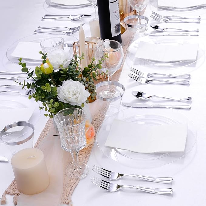 100PCS Clear Plastic Dinner Plates 10inch, Premium Hard Disposable Plates for Party, Wedding