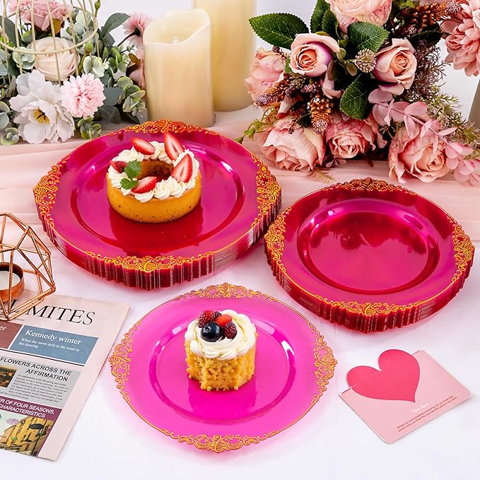 102PCS Clear Hot Pink Plastic Plates - Pink Disposable Plate with Gold Rim - Hot Pink Party Plates Easter Include 51PCS 7.5inch Dessert & 10.25inch Dinner Plate for Wedding Birthday Party