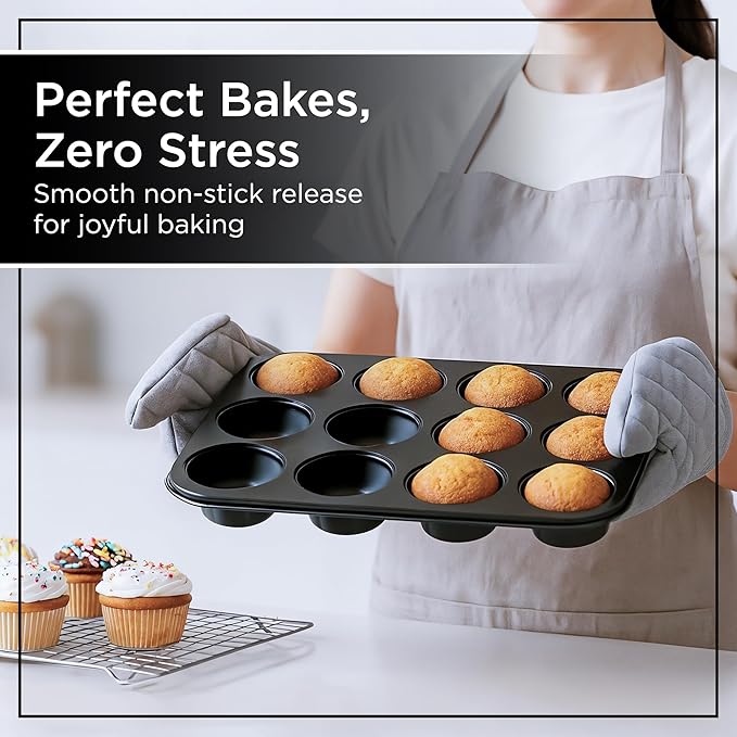 Wrenbury Nonstick Muffin Pan 12 Cup – Deep Cupcake Yorkshire Pudding Tin, PTFE & PFOA Free Carbon Steel, Warp Resistant Baking Tray for Even Bakes