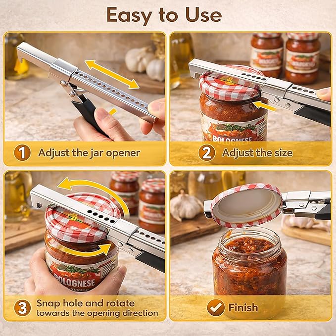 Comfort Grip Jar Opener for Weak Hands, 4 Pcs Kitchen Opening Set with Adjustable Multifunctional Stainless Steel Can Opener with Gripper & Mason Jar Lid Openers,Release Vacuum Seal,Arthritis Friendly