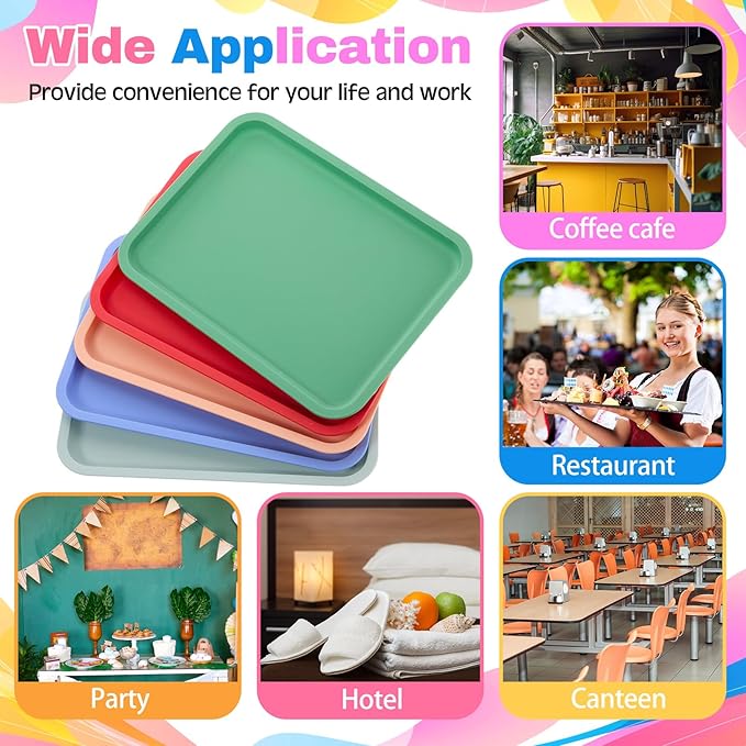 Mumufy 12 Pcs Plastic Fast Food Trays Bulk Colorful Restaurant Serving Trays Cafeteria Rectangular Plastic Serving Platter Grill for Kitchen Restaurant Coffee (Classic Color)