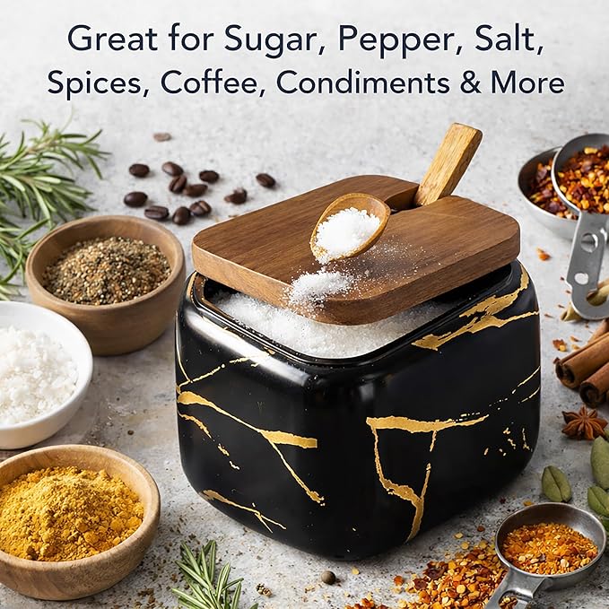 2 Sets of Marble Ceramic Seasoning Jars Ceramic Sugar Bowl with Lids,Tray and Spoons (black) …