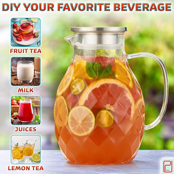 Premium Borosilicate Glass Pitcher with Lid and Spout - 2 Liter / 68 oz, Borosilicate Glass with Handle - Carafe for Hot/Cold Beverages - Water Jug - Iced Tea Pitcher - Juice Server