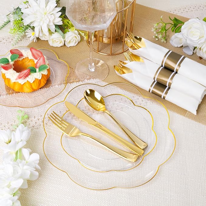 Supernal 100 Pack Gold Plastic Silverware,Pre Rolled Silverware Set Disposable,Gold Disposable Utensils Includes 100 Plastic Forks Spoons and Knives Set,and 100 Napkins for Wedding,Birthday, Party