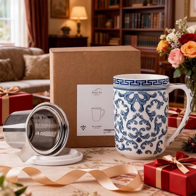 AmorArc Porcelain Tea Mug with Infuser and Lids, 18 Oz Large Cup Strainer with Bag Holder for Loose Leaf Tea, Steeping Coffee Mug for House-Warming Wedding Birthday Gift