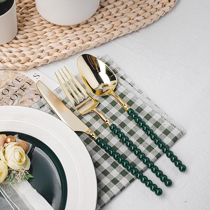 150 Pcs Gold Plastic Silverware,Gold Plastic Utensils with Green Beads Handle,Fancy Disposable Cutlery Set Include 50 Forks 50 Knives 50 Spoons for Party & Christmas