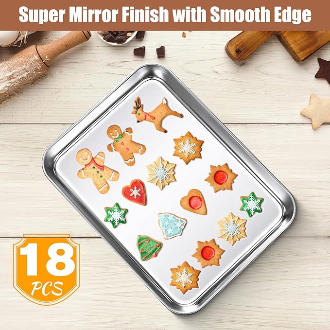 18 Pcs Baking Sheet Pan Set Stainless Steel Cookie Sheet Small Toaster Oven Pans Tray Barbecue Grill Pan Rectangle Trays Oven Freezer Bakery, Non-stick, Easy Clean, 9 x 6.7 x 1 Inches