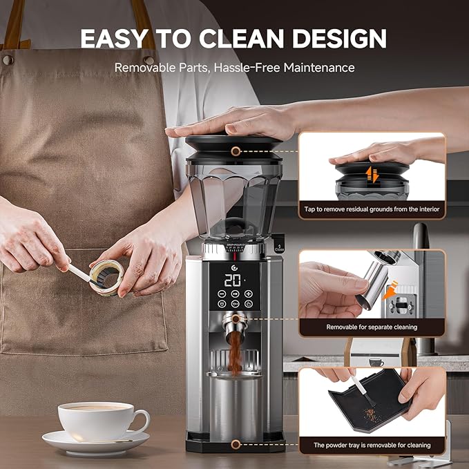 Burr Coffee Grinder with 45 Gind Settings, Anti-Static Conical Burr, Precision Electronic Timer & LED Touchscreen for Espresso/Drip/Cold Brew/French Press, All-Metal Stainless Steel Body, Silver