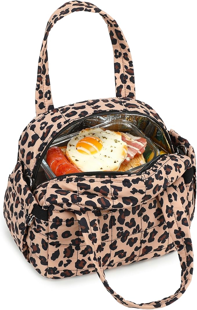 LEDAOU Lunch Box for Women Lunch bag Quilted Puffer Lunch Box with adjustable strap Insulated Reusable LunchBox for Work School Picnic Travel (Cheetah)