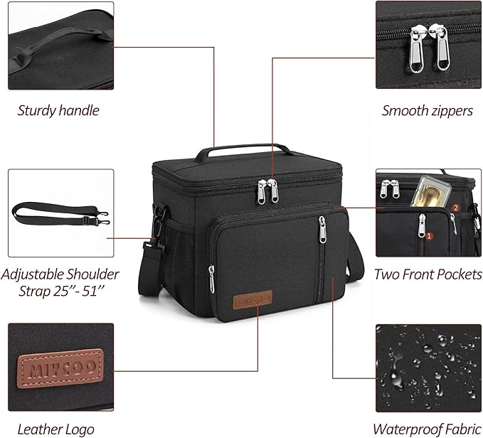 MIYCOO Lunch Box Lunch Bag for Men Women - Insulated LunchBox Leakproof Cooler Tote, Reusable Soft Bag with Shoulder Strap for Work, Picnic, Beach & Travel, 12-Can (9L) -Black