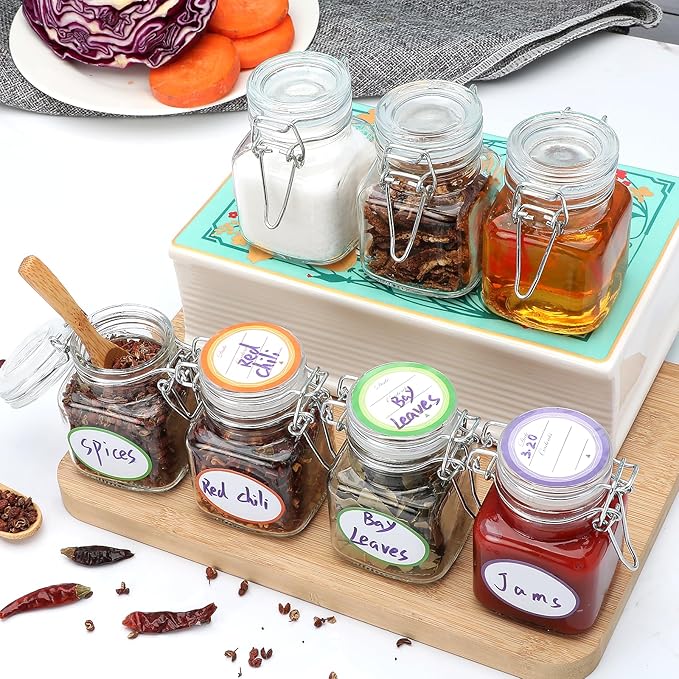 Brajttt Small Glass Jars with Lids,4 oz Spice Jars with Labels,Small Glass Containers with Airtight Hinged Lid for Home Kitchen, Arts & Crafts Projects, Spices, Decoration, Snack Foods (5 Pack)