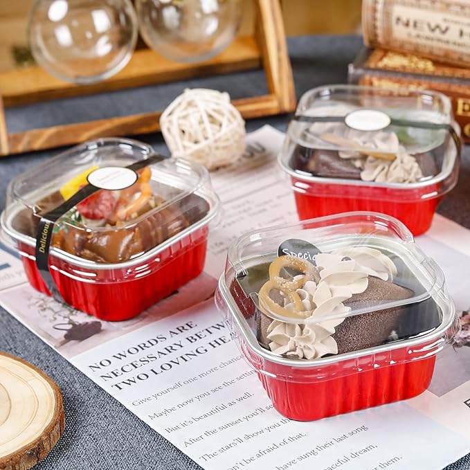 60 Pack Mini Cake Pans with Lids Foil Pans Square Aluminum Pans with Lids Cupcake Liners for Birthday Wedding Party Gift (Red, 5 oz)