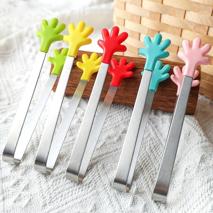 Shindel 12PCS Mini Tongs, 5.1 Inch Silicone Small Tongs for Kids, Funny Kitchen Serving Gadgets for Christmas Candy, Appetizers, Ice Cube, Fruits, Dessert, Great for Fine Motor, Sensory Coordination