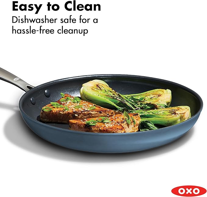 OXO Enhanced 12” Nonstick Frying Pan Skillet, Ceramic PFAS-Free Cookware, Durable Hard Anodized, Scratch Resistant, Stainless Steel Handle, Eggs & Omelets, Dishwasher & Oven Safe, Storm Blue