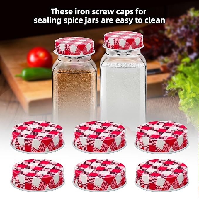 48 Pcs iron Jar Lids Lids for 4 oz and 6 oz Square Spice Jars Reusable Can Airtight Spice Storage Canning Lids for Nice Sealing Kitchen (Red grid)