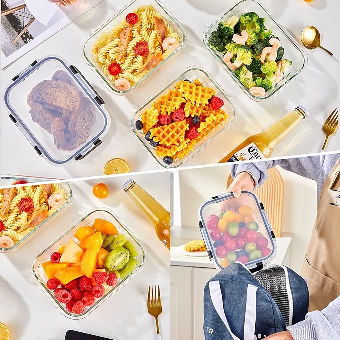 8-Piece 36oz Glass Meal Prep Container Set Clear Glass Food Storage Containers Set, Airtight Food Storage Containers for Coffee, Sugar, Flour, Spices, BPA-Free