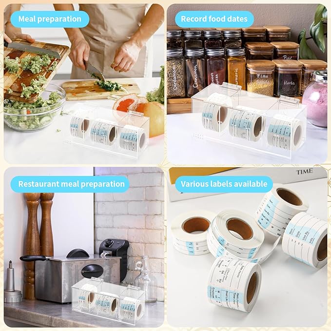 Adjustable Label Dispenser 4 Disks Sticker Roll Holder Acrylic Sticker Dispenser 9" x 3.5" x 3.5" Dissolvable Food Label Sticker Holder Organizer Label Stand for Date Sticker Label Desktop(No Label)