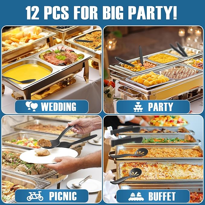 Reusable Plastic Serving Utensils Set of 12, Wheat straw Large Serving set 10" Serving Spoons/10" Slotted Spoons/9.4" Tongs, for Party Buffet Catering (Black, Not for Cooking)