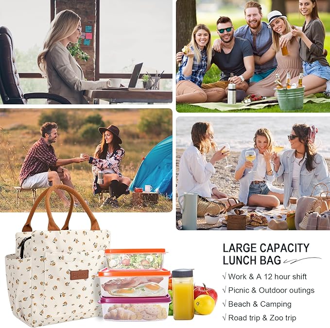 Joymee Lunch Bag Women Insulated Lunch Box Reusable Leakproof Large Spacious Cooler Tote for Women Men Adult with Bottle Holder and Side Pockets for Work Office Travel Picnic - Yellow Little Floral
