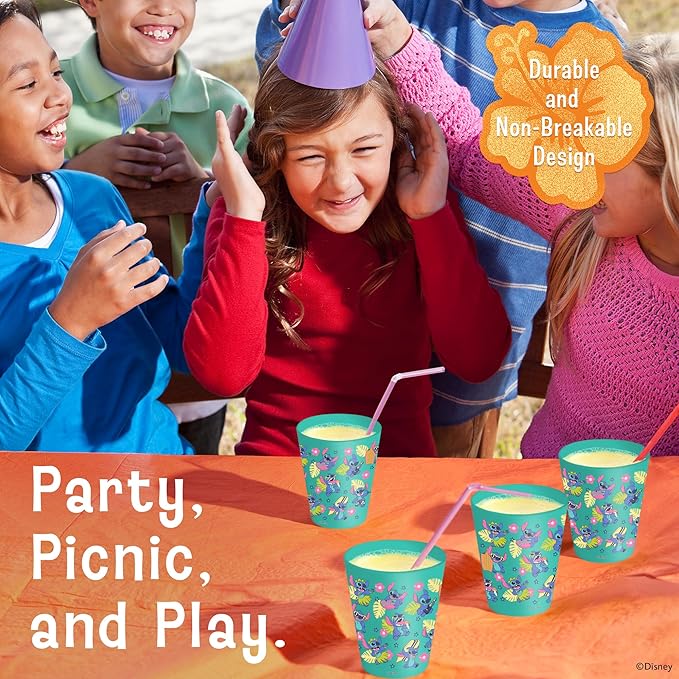 Disney Reusable Plastic Cups – 4 Pack 16 oz Plastic Drinking Glasses with Mickey, Stitch, Pooh, or Disney100 Designs – BPA-Free, Stackable, Top Rack Dishwasher Safe Tumblers for Water, Juice & More