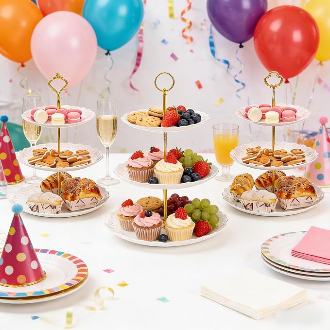 Tosnail 3 Pack 3 Tiers White Plastic Cupcake Stand Dessert Holder Tiered Serving Trays with 3 Styles Fittings, Party Serving Trays Fruit Pastry Holders for Wedding and Party