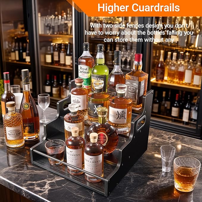 4-Tier Liquor Bottle Display Shelf, Coffee Syrup Rack Organizer, Water Bottle Organizer, Mini Bar Cabinet, Rustic Bar Shelves for Liquor Whiskey, Spirits(Black)