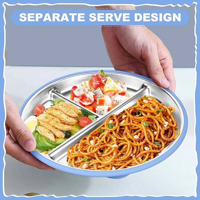 OVV Stainless Steel Kids Plates (2 Pack) 8 Inch Toddler Divided Plates with Removable Silicone Sleeves & 5 Suction Cups Baby Self Feeding | Mess-Free Mealtime | Dishwasher Safe