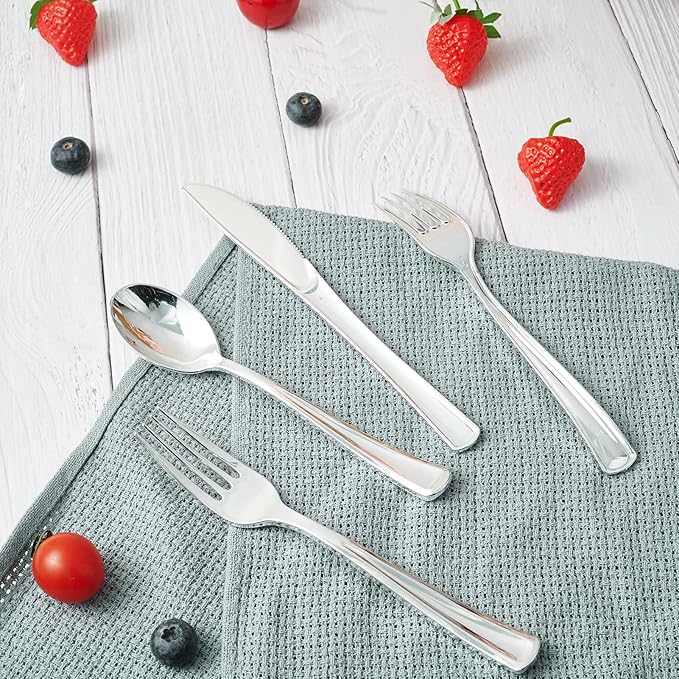 FOCUSLINE 75 Pack Silver Plastic Silverware Disposable Cutlery Set - 25 Forks Knives Spoons - Disposable Flatware Heavy Duty Plastic Utensils Set for Catering, Parties, Dinners, Weddings