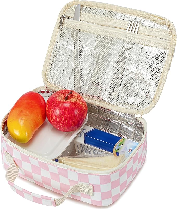 LEDAOU Lunch Box Kids Insulated Lunch Bag Girls Boys Toddler Reusable Lunchbox for School Picnic Hiking (Checkered-Pink)