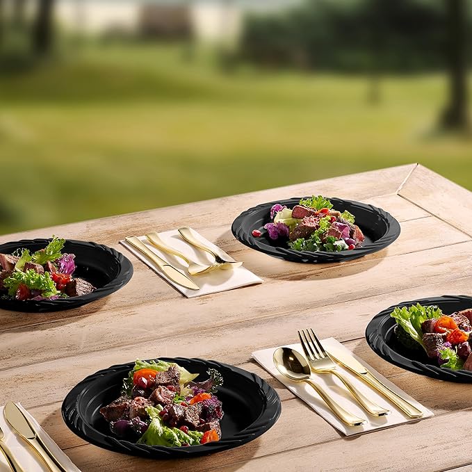 Munfix 100 Pack Black Plastic Dinner Plates, 9 Inch Disposable Plates Bulk Pack, Party Plates for BBQ, Picnic, Parties, Travel and Events, Microwavable Recyclable