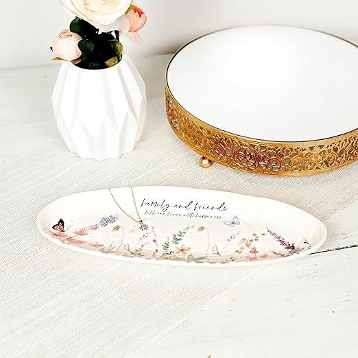 Pavilion Gift Company - Family and Friends Ceramic Tray, Serving Platter, Oval Food Tray, Watercolor Floral/Garden Design, 1 Count, 12 x 4.5 x 1-inch, Multicolor