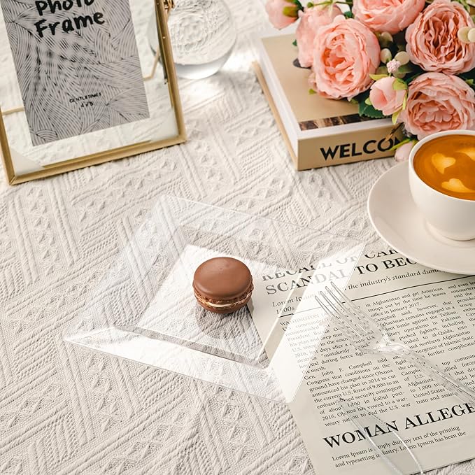N9R 70PCS 6.5 Inch Square Clear Plastic Plates for Dessert & Appetizer, Durable Disposable Plates for Party, Wedding Events