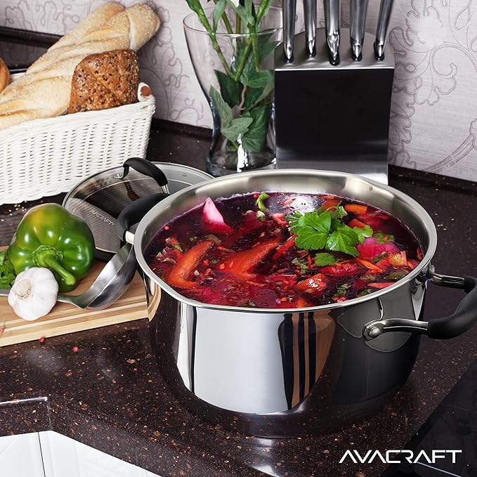 AVACRAFT Tri-Ply Stainless Steel Stockpot with Glass Strainer Lid, Side Spouts, 6 Quart Pot, Multipurpose Stock Pot, Sauce Pot (Tri-Ply Full Body, 6QT)