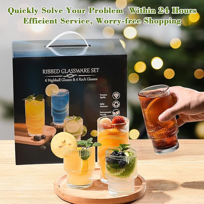 Small Ribbed Glassware Set of 12, Glass Cups 12 oz and 7 oz, Fluted Glassware, Stackable Glasses, Cups for Kitchen, Gift Box Set