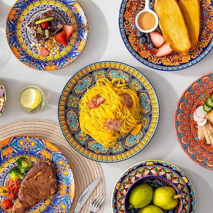 vancasso Colorful Dinner Plates Set of 6, 10.5 Inch Ceramic Kitchen Plates for Dinner, Bohemian Printed Dishes for Dining, Microwave & Dishwasher Safe Plate Set, Series KRVI