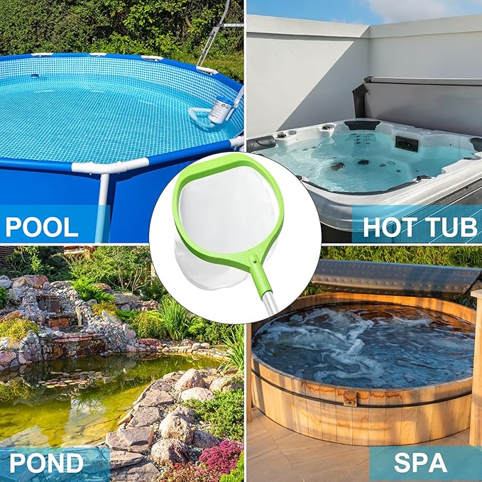 Hot Tub Skimmer Net with 26" Aluminum Handheld Pole, Deep Ultra Fine Mesh Bag for Fast Debris Removal, Small Pool Net for Cleaning Spas, Hot Tubs, Ponds & Kids Inflatable Pools, Green