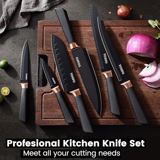 Kitchen Knife Set with Block, Knives Set with Acrylic Stand, 17Pcs Stainless Steel Cutlery Knife Block Set includes Serrated Steak Knives Set, Chef Santoku Knives, Scissor, Sharpener and Holder