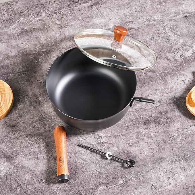 Carbon Steel Wok Pan 9.8", 4QT Deep Wok with Lid, Flat Bottom Wok Pan with Wooden Handle for Stir Fry, Soup, Braising & Noodles, Uncoated Carbon Steel Pan for Gas, Electric & Induction