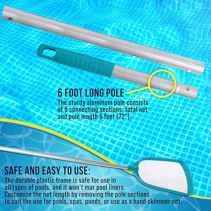 U.S. Pool Supply Professional Swimming Pool 6 Foot Leaf Skimmer Net with 5 Aluminum Pole Sections - Ultra Fine Mesh Netting, Clean Remove Leaves Debris Fast - Pool, Spa, Pond Cleaning Maintenance