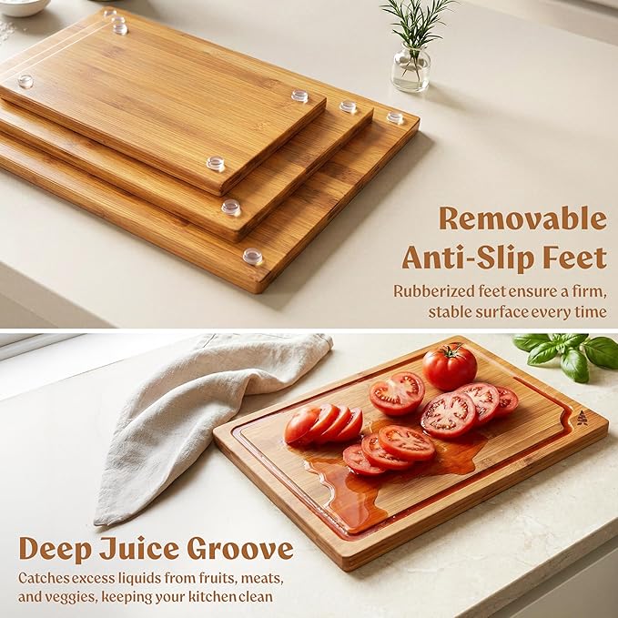 Carbonized Bamboo Cutting Boards – Cutting Board Set of 3 Heat Treated for Rich Color & Lower Moisture Absorption, Chopping Boards with Juice Groove, Non-Toxic, FSC Certified incl. Stand