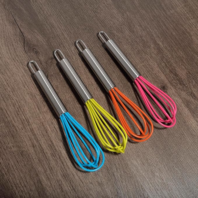 Mini Whisks 6 inch 4Pcs silica gel stainless steel Whisk, Hand Egg Mixer for Flour Cake Egg, Kitchen Cooking Baking Use Whisk (red,yellow,orange,blue)