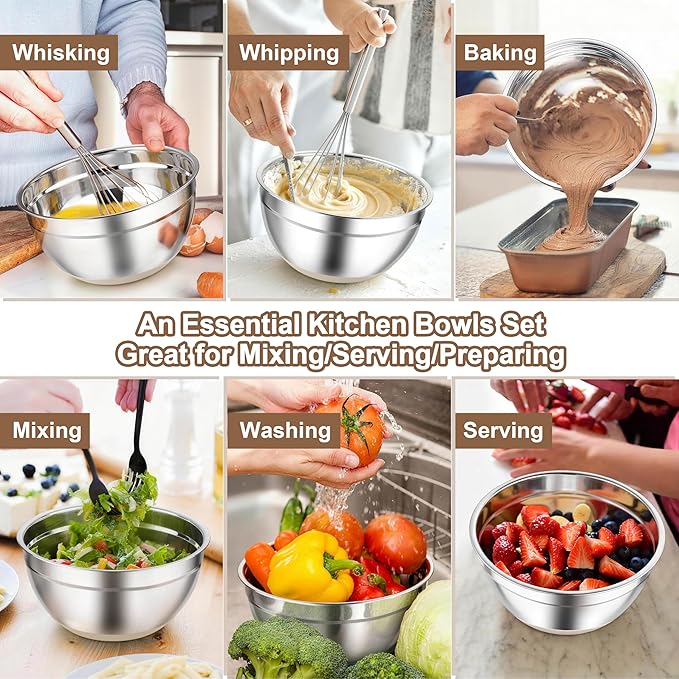TeamFar Khaki Mixing Bowls, 6-Piece Stainless Steel Nesting Salad Bowls with Lid Set for Prepping Baking, Non-Toxic & Stackable, Air-Tight Lid & Non Slip Bottom, 4.6/2.6/2/1.5/1 / 0.7 QT