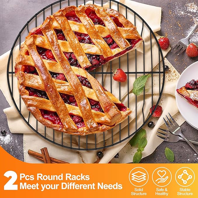 P&P CHEF 10½ Inch Cooking Rack Round, Stainless Steel Round Rack for Cooking Cooling Steaming Baking, Fit Air Fryer Pot Pressure Cooker, 2 Pack -Oven Safe, Black