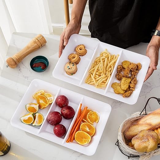 Lullaby 3 Sectional Plastic Serving Tray 14.2" x 9", 3 Pack White Serving Platters for Cheese Cracker Food, Durable and Reusable