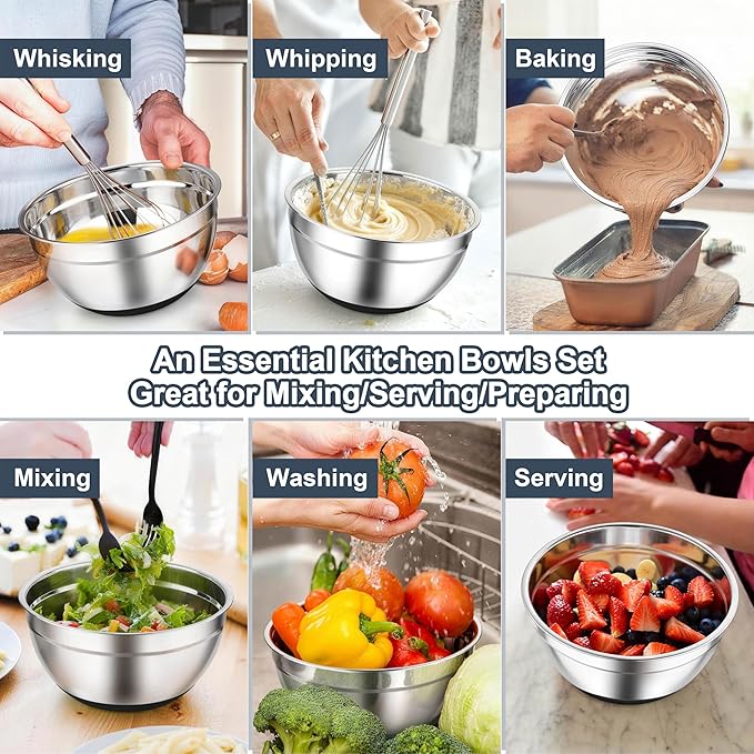 TeamFar Mixing Bowls, Black Mixing Bowls with Lids Set, Stainless Steel Nesting Salad Bowl with Air-tight Lid & Silicone Bottom, Non Slip & Stackable - Set of 6-4.6/2.6/2 / 1.5/1 / 0.7 Qt