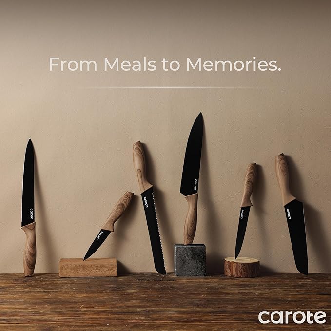 CAROTE 12PCS Knife Set, Stainless Steel Kitchen Knife Set with Nonstick Ceramic Coating, 6 Knives with Blade Guards, Rustproof, Easy-Clean, Black