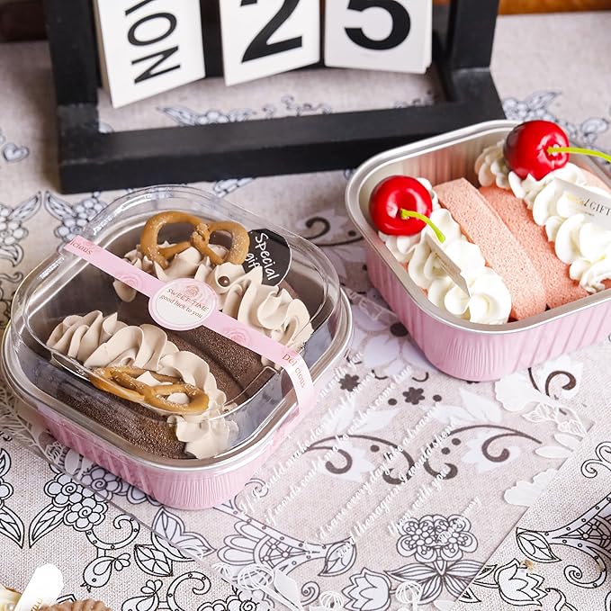 60 pack Mini Cake Pans with Lids Foil Pans Square Aluminum Pans with Lids Cupcake Liners for Birthday Wedding Party Gift (Pink, 10 oz)
