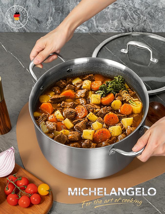 MICHELANGELO Tri-ply Stainless Steel Stock Pot, 8-Quart Stockpot with Lid, 18/10 Nonstick Cooking Pot with Honeycomb Interior, Compatible with All Cooktops