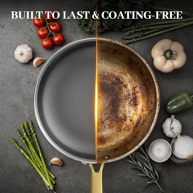 FogDream Titanium Non Stick Frying Pan, 10in Tri-Ply Hybrid Stainless Steel Skillet with Spatulas, All-in-One Cookware, Stay Cool Handle, Dishwasher & Oven-Safe,Induction Compatible,Gold